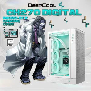 DeepCool CH270 DIGITAL WH Micro-ATX Gaming Case – Tempered Glass Side Panel, Digital Display Base, High Airflow Mesh, 413mm GPU Support, USB 3.0 & Gen2 Type-C | WHITE 