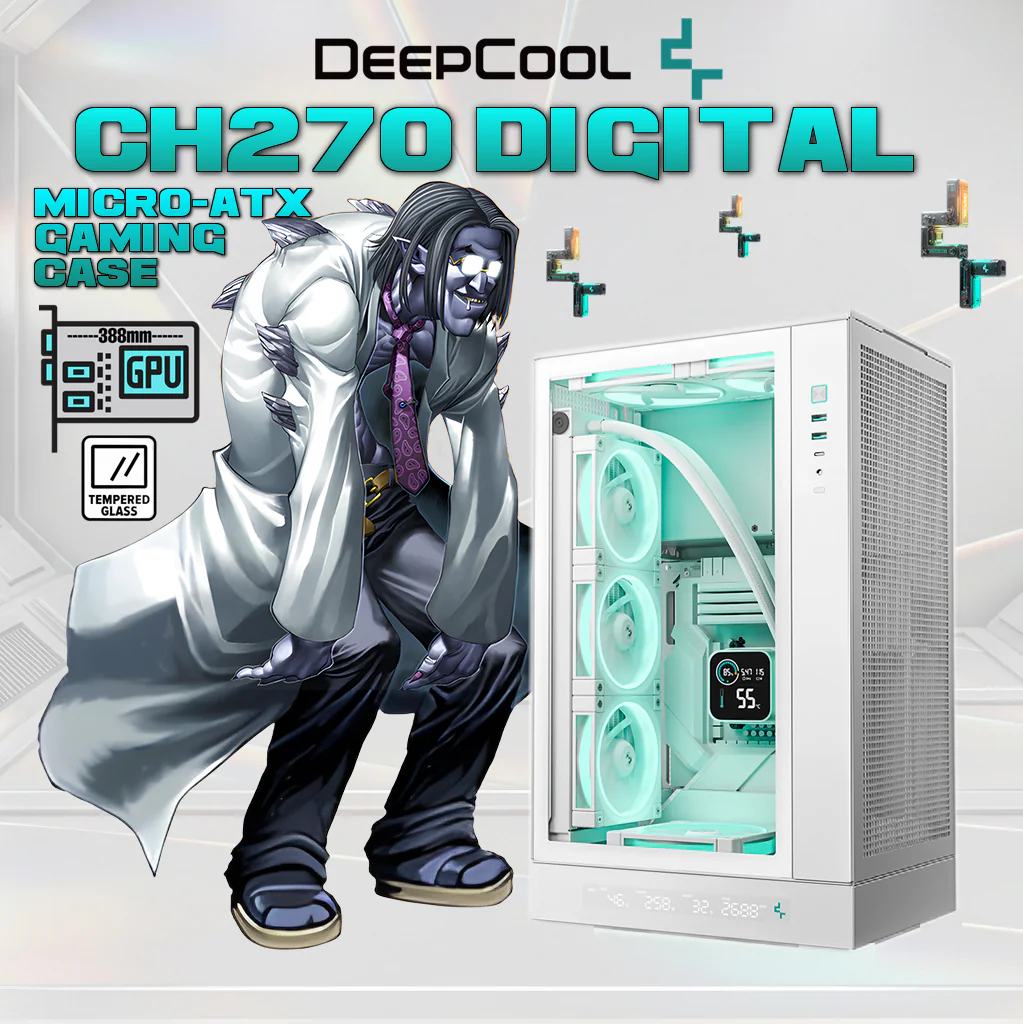 DeepCool CH270 DIGITAL WH Micro-ATX Gaming Case – Tempered Glass Side Panel, Digital Display Base, High Airflow Mesh, 413mm GPU Support, USB 3.0 & Gen2 Type-C | WHITE