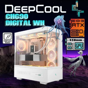 DeepCool CH690 DIGITAL PC Case With Digital Display, Glass Panel, GPU Holder, USB-C, 450mm GPU, 420mm Radiator, ATX Support, 8 Slots, 3.5”+2.5” Drive Bays, Mesh Mod Option | WHITE