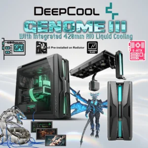 DeepCool GENOME III Full-Tower PC Case With Integrated 420mm AIO Liquid Cooling, 5.5-Inch LCD Screen, E-ATX Support, Anti-Leak Reservoir & Premium RGB Design