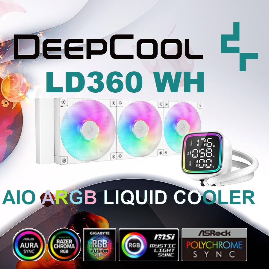DeepCool LD360 WH ARGB AIO WHITE LIQUID COOLER : Large Display with ARGB Halos for CPU Status , 3x ARGB PWM Fans , 5th Generation High-Performance Pump up to 3400 RPM , Pre-applied Thermal Paste | WHITE