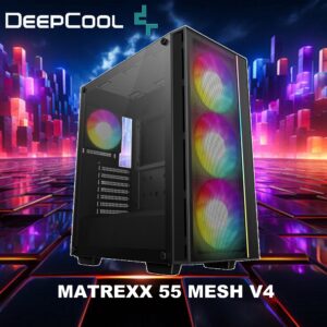DeepCool MATREXX 55 V4 MESH ATX Gaming Case : Supports Mini-ITX / Micro-ATX / ATX Motherboards ; Build-in Front LED Strip + ARGB PWM Fans 3x 140mm & 1x 120mm ; up to 370mm GPU  ; USB3.0×2 , Audio×1 Front I/O Ports | BLACK R-MATREXX55-BKAGA4 
