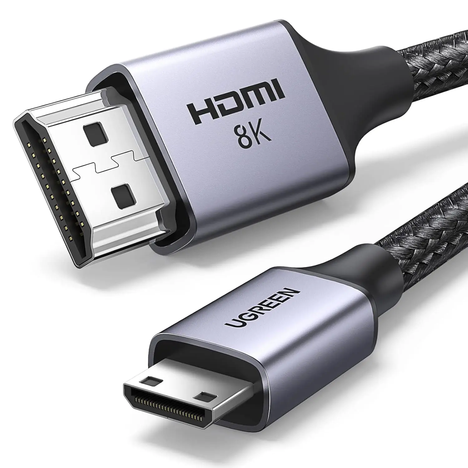 UGREEN 8K Mini HDMI To HDMI 2.1 Cable 2 meters Bi-Directional Aluminum Braided Cord Supports 8K@60Hz, 4K@240Hz, eARC, HDR, Dolby Vision, For Camera, Pi Zero, Camcorder, PS5, XboxÂ