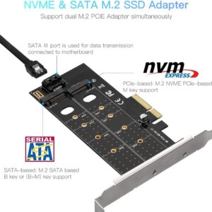 Dual M.2 PCIe Adapter,  NGFF PCI-e 3.0 x 4 to SATA or PCIE NVMe SSD Expansion Card Support NVME (m Key) or SATA (b Key) 22110/ 2280/ 2260/ 2242 /2230 Host Controller Express Card | PCIE-DUAL-NVME