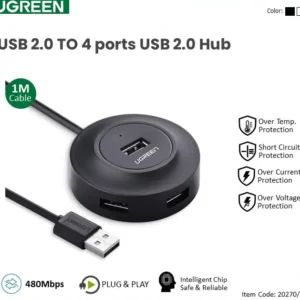 UGREEN USB 2.0 Hub 4 Ports 20277 Black – 480Mbps Transfer, Micro USB Power, LED Indicator, 1M Cable, Supports 10TB HDD, Plug & Play, Overload Protection