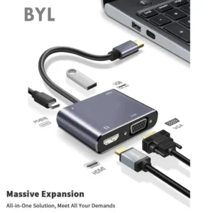 BYL 4-in-1 USB-C to HDMI 4K, VGA, USB 3.0 & PD Converter – Type-C Adapter with 4K@30Hz HDMI, High-Speed USB, 4.5W Power Delivery, Plug & Play for Laptops, Tablets & Phones