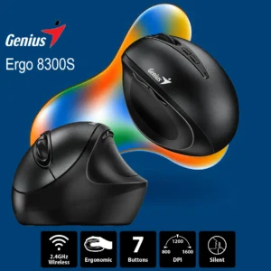 Genius Ergo 8300S Wireless Vertical Ergonomic Silent Mouse, 2.4GHz Connection, 7 Buttons, Adjustable DPI (1000/1200/1600), Up to 10m Range, Silent Click, Includes Batteries | BLACK