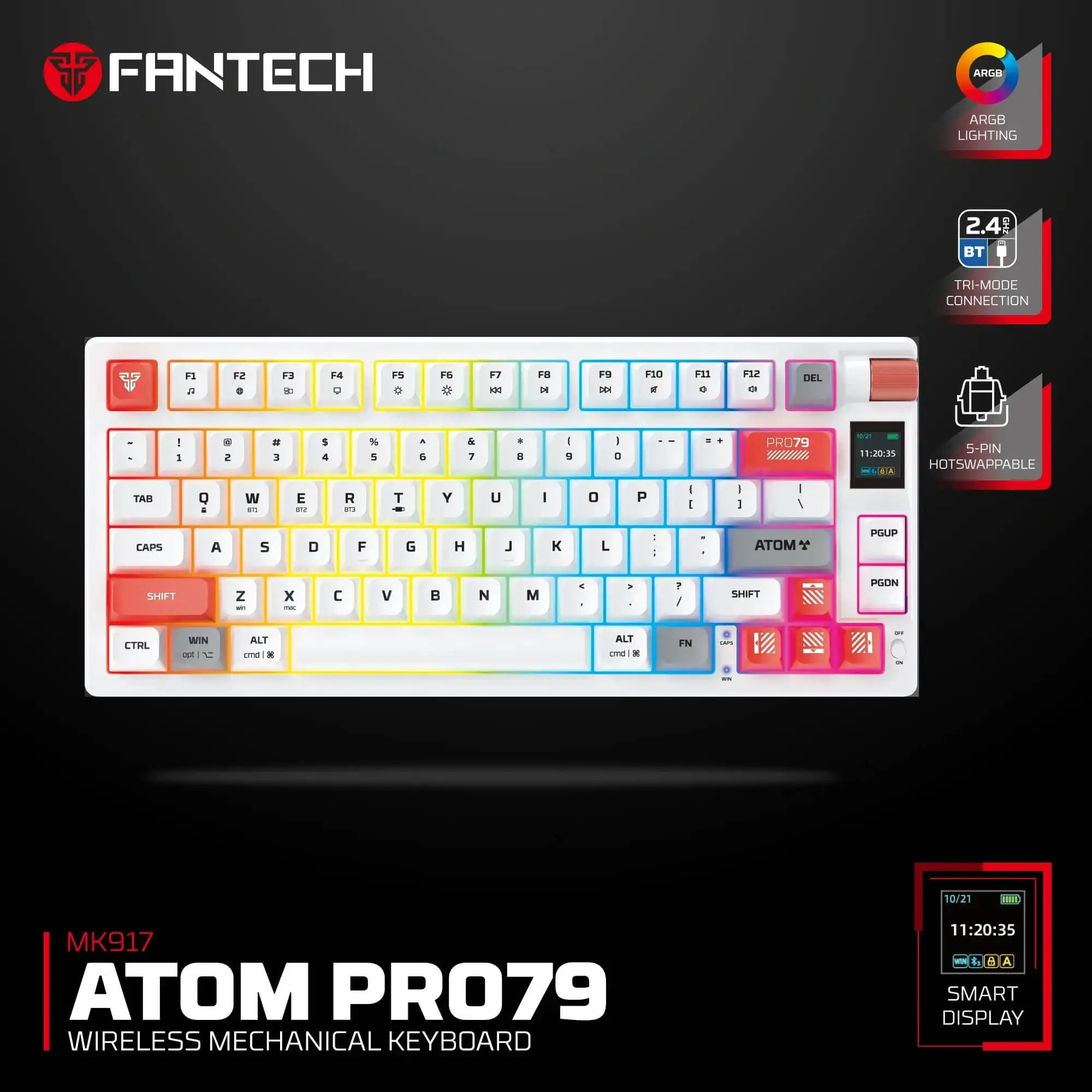 FANTECH ATOM PRO – Tri-Mode Wireless Mechanical Keyboard, 79 Keys, Hot-Swappable Blue Switches, RGB, Smart Display, White