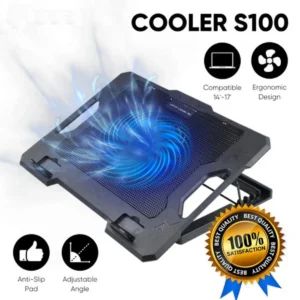 S100 Laptop Cooler – Silent 140mm RGB Fan, 9″-17″ Support, Dual USB Ports, 4-Level Height Adjustment, Slim Design, 37×27.5×2.7cm, Plastic & Metal