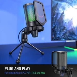 FIFINE AmpliGame A6V USB Microphone with RGB, Tap-to-Mute, Gain Knob, and Tripod – 192kHz Audio for Gaming, Streaming, Podcasting, PS5/PS4 & PC Compatible