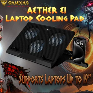 GAMDIAS AETHER E1 Laptop Cooling Pad With Triple 120mm Fans, 7 Height Levels, Dual USB Ports, Blue LED, And Compatibility for Up To 19” Laptops