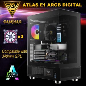 GAMDIAS ATLAS E1 ARGB DIGITAL GAMIMG ATX Mid Tower PC Case, Real-time Monitor, Pre-installed 3 x 120 mm ARGB Fans, Seamless Tempered Glass, High Airflow Side Vents | BLACK ATLAS-E1-DIGITAL-B