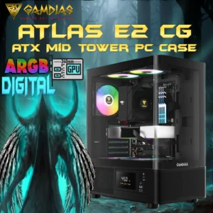 GAMDIAS Atlas E2 CG  Mid Tower PC Case With Curved Tempered Glass, Real-Time Display, 3 ARGB Fans, GPU Support Up To 340mm, And Perforated Airflow Ventilation | BLACK