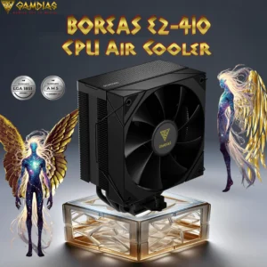 GAMDIAS BOREAS E2-410 CPU Air Cooler With 4 Copper Heatpipes, 120mm PWM Fan, 80.83 CFM, Matte Black Finish with Diamond Gradient Top Cover , DRAM Clearance, LGA 1851 & AM5 Support, 158mm Height | BLACK 
