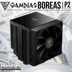 GAMDIAS Boreas P2-62D Dual Tower Air Cooler With Digital Monitor, 6 Copper Heat Pipes, Dual 120mm PWM Fans, 160mm Clearance, ZEUS CAST, LGA1851 & AM5 Support | BLACK 
