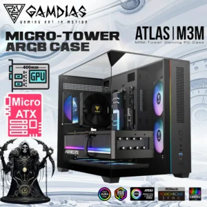 Gamdias Atlas M3M Micro-Tower Case With Three-Sided Tempered Glass, 3 NOTUS M1 ARGB Fans, 8-Port Hub, Angled Airflow, Gen 2 Type-C, And 400mm GPU Support | BLACK 