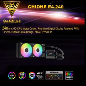 GAMDIAS CHIONE E4 240mm AIO ARGB CPU Liquid Cooler , Real-time Digital Display PWM Pump, Hidden Cable Design, 2X 120MM ARGB PWM Fan w/MB Sync, Intel LGA 1700/1200, AMD AM5/AM4 | BLACK CHIONE-E4-240-B