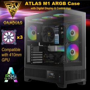 GAMDIAS ATLAS M1 Mid Tower Gaming Computer Case w/Display& App, ATX Tempered Glass PC Case, Built-in 3X 120mm ARGB PWM Fans, Up to RTX 4000 GPU/VGA 410mm& 360mm AIO/Radiator& 6x120mm Fans& 160mm CPU Cooler | BLACK ATLAS-M1-DIGITAL-B