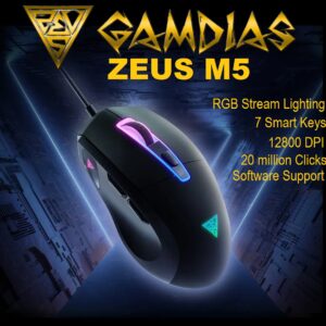 GAMDIAS ZEUS M5 RGB Wired Gaming Mouse ; Adjustable up to 12800 DPI Advanced Gaming Optical Sensor ; Lightweight 99 gram ; 7 Smart Keys ; 10 million Clicks ; Software Support | BLACK 