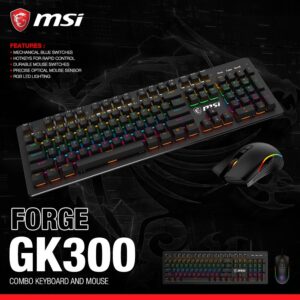 MSI FORGE GK300 COMBO BLUE SWITCHES Gaming RGB Keyboard & Mouse , 26-key Anti-Ghosting, Ergonomic Keycaps, 9-Mode RGB, up to 7,200 DPI and 4 DPI Presets, USB 2.0 Wired Interface | Black 