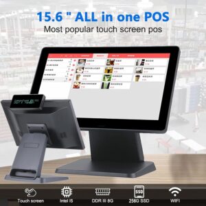 GSAN T3 Retail ALL in One POS Terminal Machine for Business, Point of Sale Cash Register with Intel Core I5 – 5th Gen , 8GB Memory, and 285GB SSD , 15.6″ Dual Touch Screen + LED8N 11 Digit Customer Display – Wifi Connectivity  – 4 USB , VGA , Serial Com , RJ45 Ports – BLACK