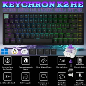 Keychron K2 HE Wireless 75% Magnetic Switch Keyboard With Gateron Double-Rail Magnetic Nebula Switches, Dynamic Trigger, Analog Mode, Rapid 1000Hz Polling, Hot-Swappable Aluminum Frame , Additional Keycaps for Windows/macOS/Linux | Standard Version BLACK K2H-J1