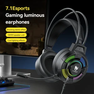 T-WOLF H140 Wired Gaming Headset RGB Black – 7.1 Surround Sound, 50mm Cushioned Ear Pads, Noise-Cancelling Mic, Adjustable Fit, Multi-Color LED