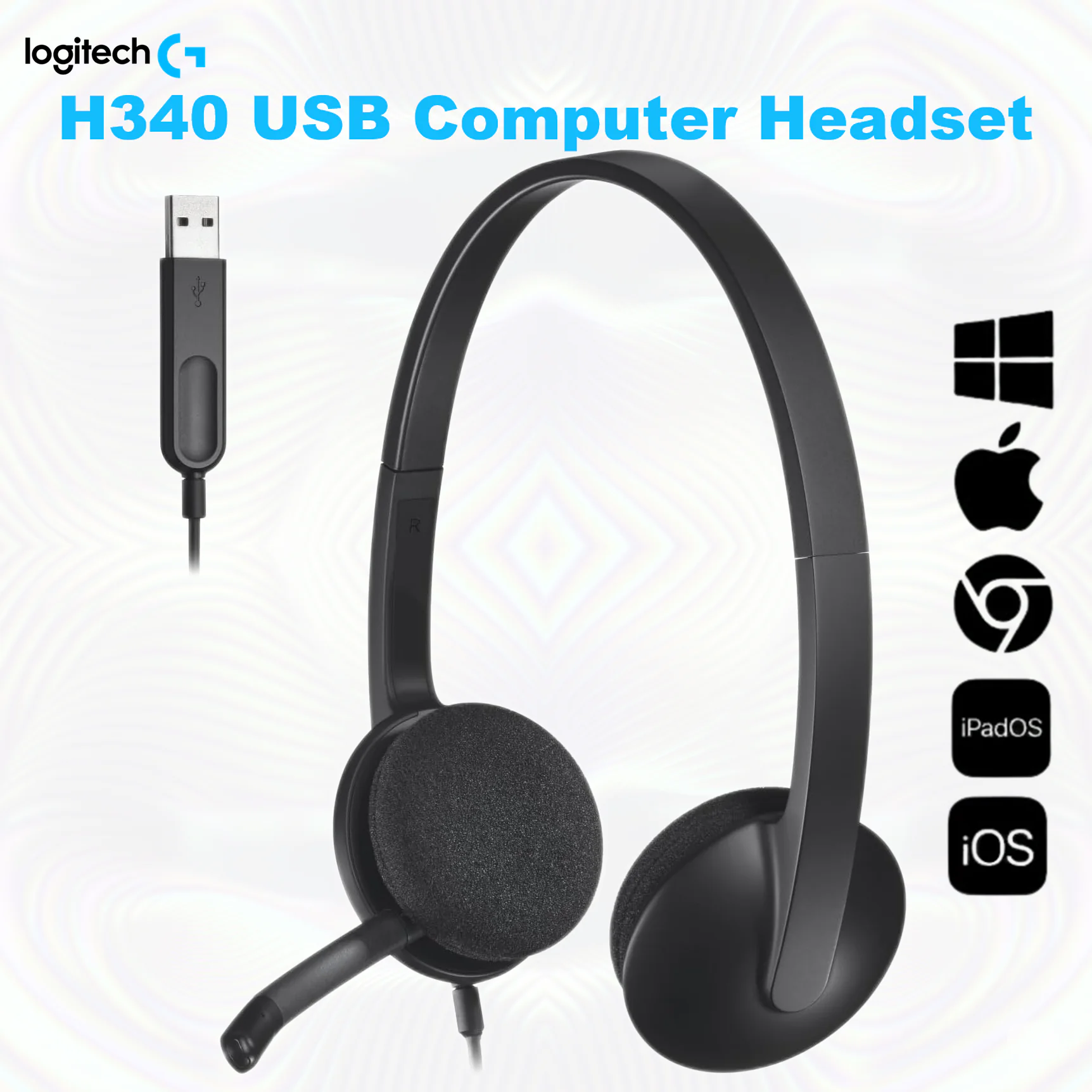 Logitech H340 USB Computer Headset With Digital Stereo Sound, Noise-Canceling Bi-Directional Microphone, Adjustable Lightweight Headband, Plug-And-Play USB-A Connection, for Windows and Mac