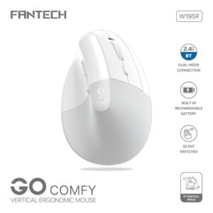 FANTECH W195R GO COMFY Vertical Mouse – Dual Mode BT 5.1 & 2.4GHz Wireless, Silent Click, Rechargeable, 57° Ergonomic Angle, 1600 DPI, 7 Buttons, White