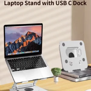 N84 Foldable Laptop Stand with 6-in-1 Docking Station – 360° Rotation, Adjustable Height, Heat Dissipation, Supports Up to 10kg, Universal Compatibility, Silver