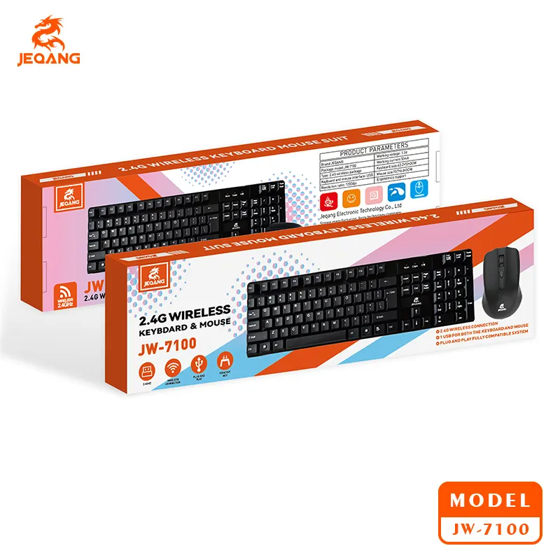Jeqang JW-7100 Wireless Eng./Ara. Keyboard & Mouse – 2.4GHz Connection, Plug & Play, Concave Keys, 1 USB Receiver, Full System Compatibility, Ergonomic & Durable Design