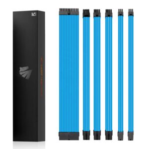 AsiaHorse 18AWG Blue Sleeved PSU Extension Cable Kit – 6 Pack, 300mm, PET Braided, Phosphor Copper Terminals, Durable & Flexible Cable Management Solution