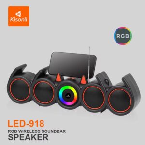 Kisonli LED-918 RGB Speaker: Dual 8W Output, 1800mAh Battery, RGB Lights, 3-5 Hours Playtime, Aux and USB Playback, Bluetooth Connectivity, Ideal for Music and Entertainment.