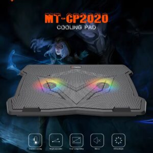 MEETION CP2020 Gaming Laptop Cooling Pad | Dual Fans, RGB LED, 2-Level Height Adjustable, USB Powered, Aluminum Top – For 9–14″ Laptops