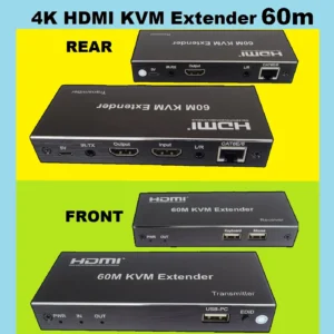 HDMI KVM Extender Kit ” Transmitter TX & Receiver RX ” Supports Audio Output and 2 x USB up to 60 meters Over Patch Cable CAT6E/6 , Compatible with Full HD 4K/1080P/1080i/720P 340MHz , local loop-out