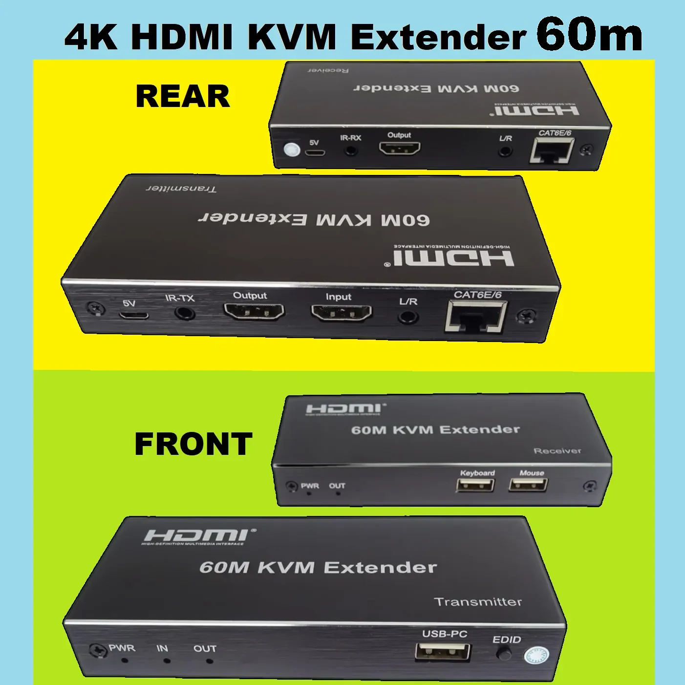 HDMI KVM Extender Kit ” Transmitter TX & Receiver RX ” Supports Audio Output and 2 x USB up to 60 meters Over Patch Cable CAT6E/6 , Compatible with Full HD 4K/1080P/1080i/720P 340MHz , local loop-out