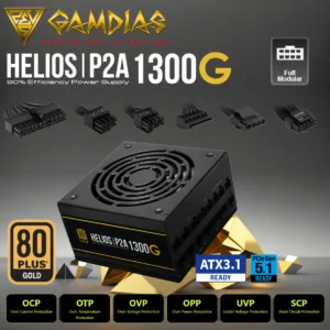 Gamdias Helios P2A-1300G 1300W Fully Modular PSU With 80 Plus Gold, ATX 3.1, PCIe 5.1, Native 12VHPWR, Silent 135mm FDB Fan & Heavy-Duty Protection Suite