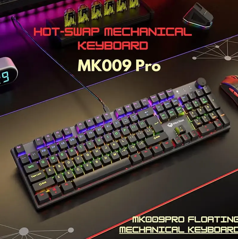 Meetion MK009 Pro Hot-Swap Mechanical Keyboard | 104-Key Anti-Ghosting, Red Switches, RGB Lighting, Metal Panel, Volume Knob, Macro Support, Type-C, 50M Keystrokes
