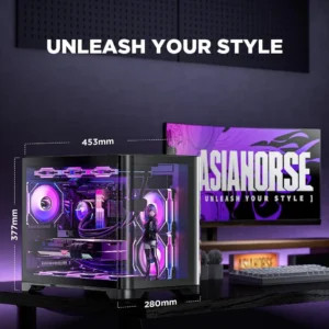 AsiaHorse Pegasus Mid Tower M-ATX Case Black – Full Tempered Glass, Curved Panel, Type-C I/O, 360mm Water Cooling Support, 400mm GPU Clearance