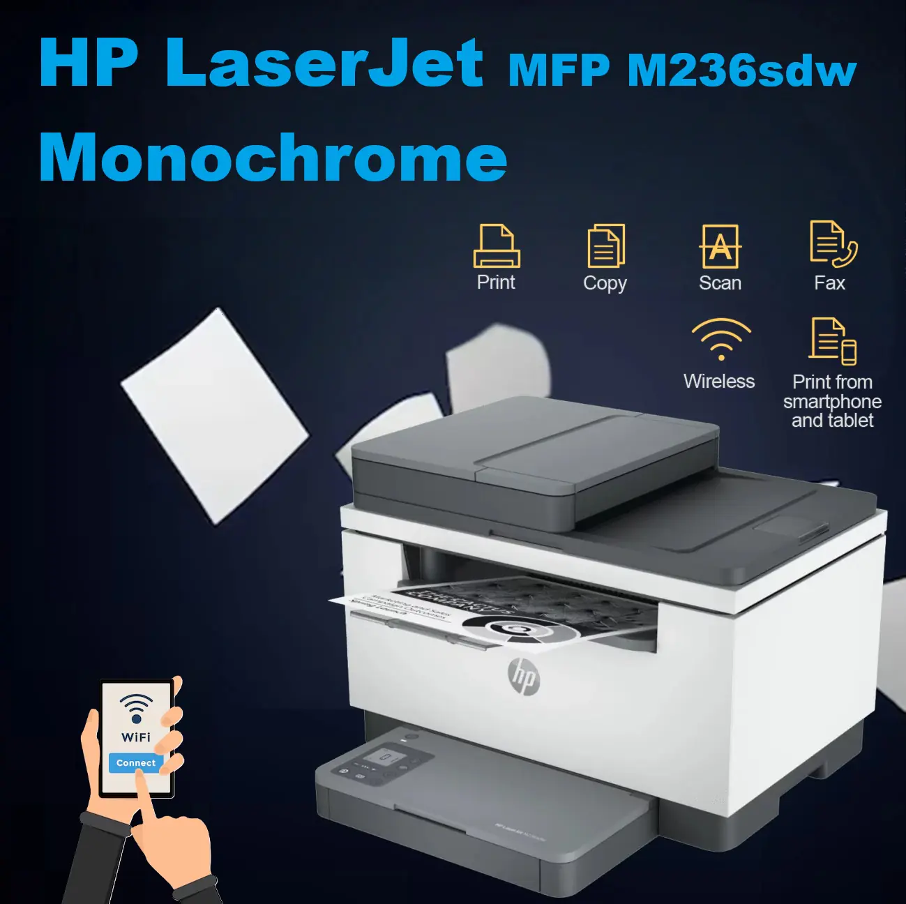 HP LaserJet MFP M236sdw – Monochrome “BLACK & WHITE” Laser Printer (Print , Copy, Color Scan , Mobile Fax ), 30 ppm, Auto Duplex, Wi-Fi, Ethernet, Mobile Fax, HP Smart App, 40-Sheet ADF | 9YG09A