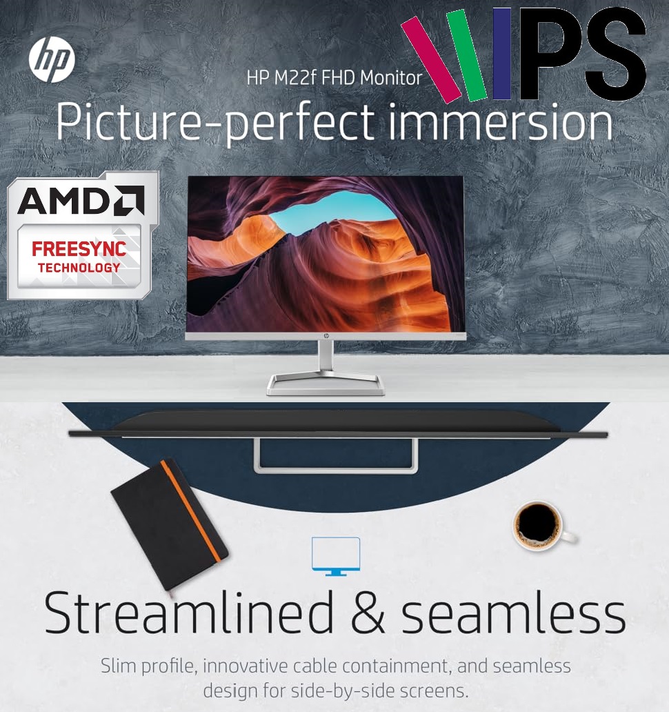 HP M22f 21.5-inches FHD Monitor 75Hz IPS 3-Sided Micro-Edge Monitor, AMD Free Sync , Eye Safe Certified , with 1xVGA, 1xHDMI 1.4 Ports, 300 nits ( 1920 x 1080 pixels) – Silver