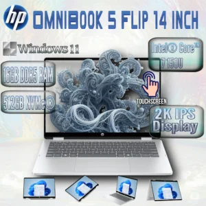 HP OmniBook 5 Flip Intel® Core™ 7 150U | 16GB DDR5 RAM , 512GB NVMe™ SSD | Intel® Graphics | 14-inch 2K  IPS TouchScreen | Backlit Keyboard | Windows 11 | Glacier Silver 14-fp0023dx 