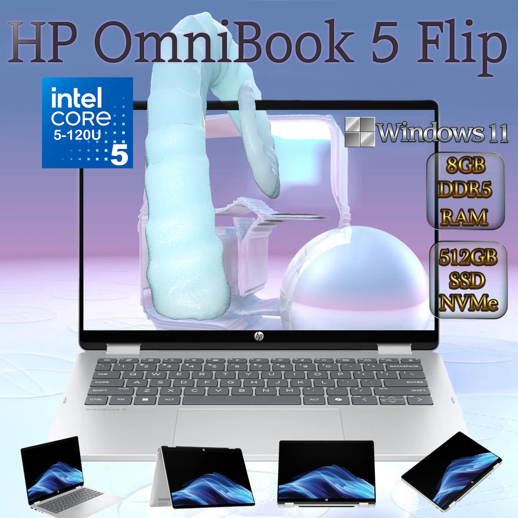 HP OmniBook 5 Flip Intel® Core™ 5 120U | 8GB DDR5 , 512GB NVMe SSD | 14-inch 2K IPS TouchScreen | Intel® Graphics | Backlit Keyboard | Windows 11 | Silver 14-fp0013dx