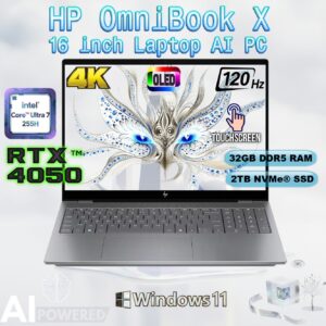 HP OmniBook X 16 inch Laptop AI PC Intel® Core Ultra 7 255H | 32GB DDR5 RAM , 2TB NVMe SSD | RTX 4050 (6GB) | 16-inch 2K OLED TouchScreen 120Hz 0.2ms Display | Backlit Keyboard |  Windows 11 Home | METEOR SILVER ~ 16-aw0033dx