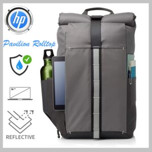 HP Pavilion Rolltop Grey Backpack ; Water-Resistant ; Padded for Electronics Protection ;  Supports up to 15.6” Laptops  ; Reflective Accents | (5EE90AA)