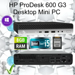HP ProDesk 600 G3 Desktop Mini PC  : Intel® Core™ i5-7500T | 8GB DDR4 RAM ; 256 NVMe SSD | UHD 630 Integrated Graphics | Windows 10 | Wifi , Bluetooth | Y3A52AV BLACK – USED