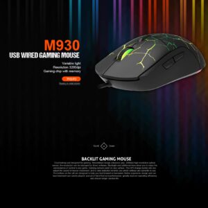 MEETION M930 RGB Wired Gaming Mouse | 3200 DPI, Ergonomic Design, 6 Buttons, LED Backlit, USB Braided Cable, Macro Support, Soft Touch Finish – Black
