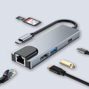 BYL D80 6-in-1 Type-C Hub With PD 100W, USB 3.0 (5Gbps), 4K HDMI, SD/TF Card Reader, Gigabit RJ45 Ethernet & Fast Charging Support