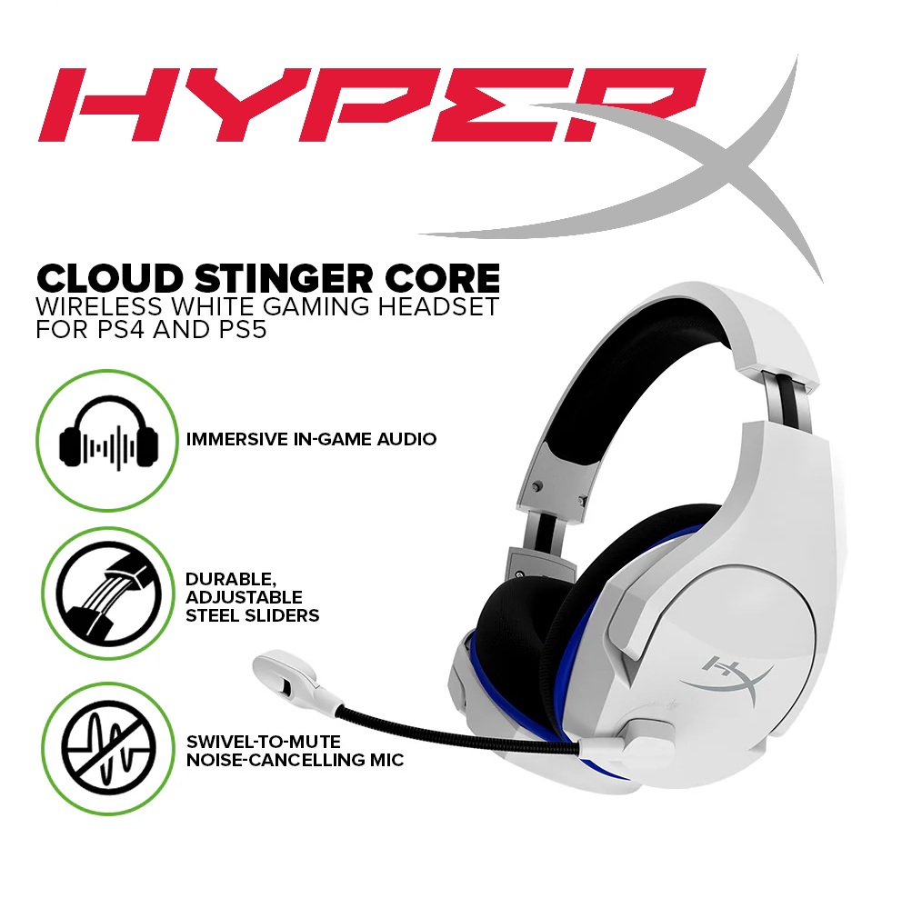 HyperX HHSS1C-KB-WT/G Cloud Stinger Core – Wireless Gaming Headset, for PS4, PS5, PC, Lightweight, Durable Steel Sliders, Noise-Cancelling Microphone | WHITE OPEN BOX