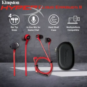 HyperX Cloud Earbuds II with Built-in Microphone – 14mm Drivers, Four Eartips, Hard-Shell Carrying Case, Low-Profile 90° Plug, 3.5mm Plug, Multi-Function Button, PC, Mobile, Nintendo Switch | Red – OPEN BOX